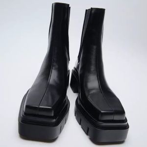 ZARA LEATHER SQUARE-TOE TRACK-SOLE LOW-HEEL ANKLE BOOTS